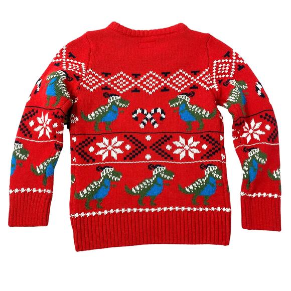 Maximus Rex Fair Isle T-Rex Ugly Christmas Sweater Kids Boys 3T Red Green Nordic - Picture 2 of 6